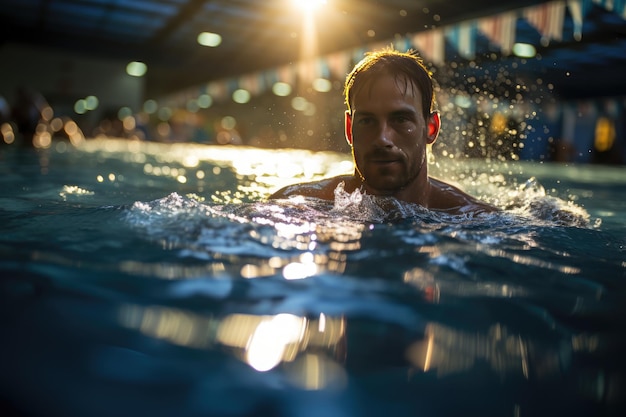 Konzentrierte Schwimmer trainieren im generativen IA des sonnigen Pools