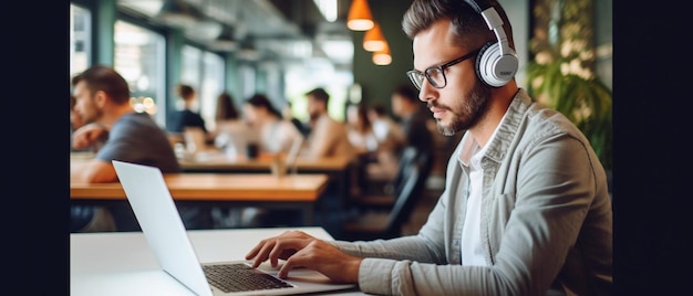 konzentrierter kreativer Geschäftsmann mit Kopfhörern, der an einem Laptop in einem Coworking-Raum arbeitet