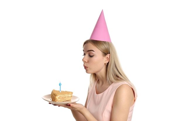 Konzept alles Gute zum Geburtstag mit dem jungen Mädchen lokalisiert auf weißem Hintergrund