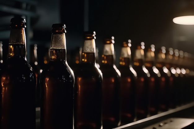 Konzept Brauereianlage Produktionslinie Glasflaschen Bier auf dunklem Hintergrund mit Sonnenlicht AI