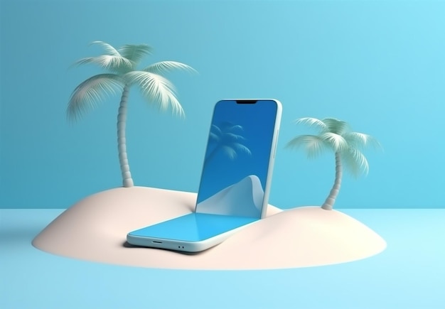 Konzept Cyber Sand Palm kreativer Sommerurlaub am Meer Mock-up-Telefon Generative KI