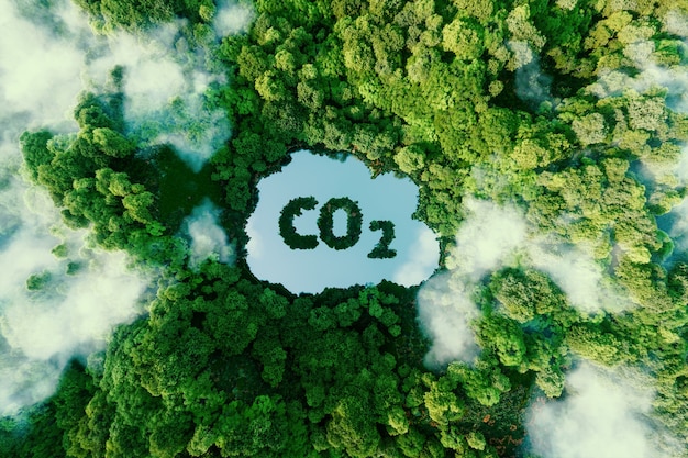 Konzept, das das Thema Kohlendioxid-Emissionen und seine Auswirkungen auf die Natur in Form eines Teiches in Form eines CO2-Symbols in einem üppigen Wald darstellt. 3D-Rendering.