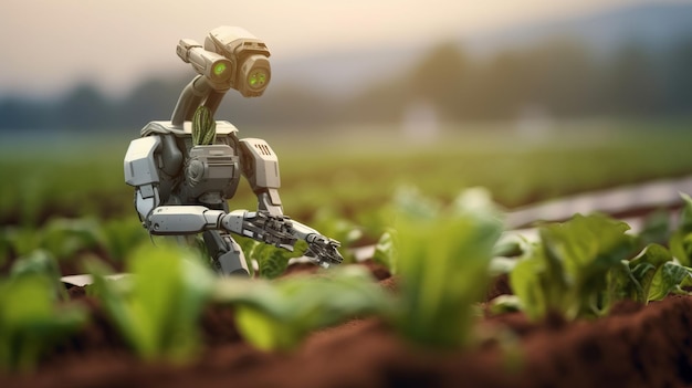 Konzept der Agrartechnologie Intelligente Farm und automatischer Roboterarm, der Gemüse erntet