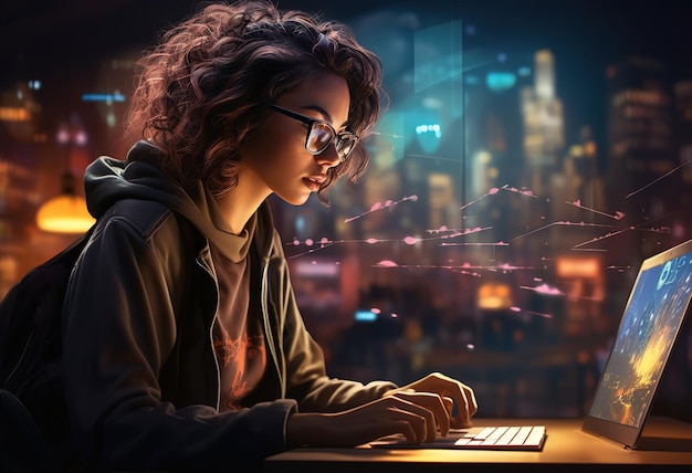 Konzept der Arbeitserziehung Ein schönes Mädchen benutzt einen Laptop