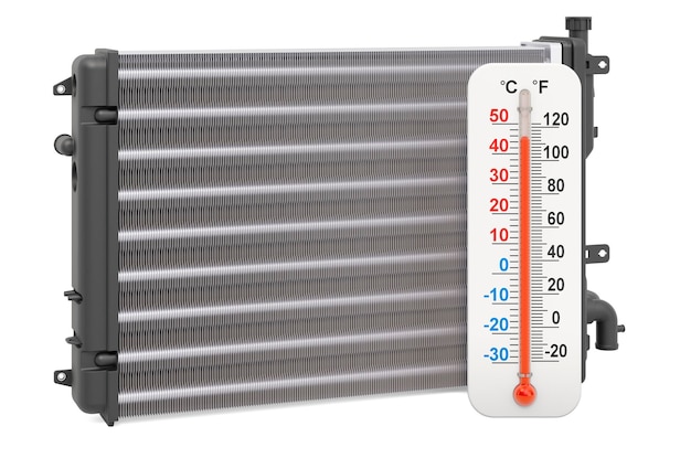 Konzept der Überhitzung des Autokühlers Autokühler mit Thermometer 3D-Rendering