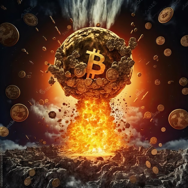 Konzept der Bitcoin-Kryptowährung, die sich wie eine Atombombe ausbreitet und explodiert und die Welt und den Planeten Erde zerstört