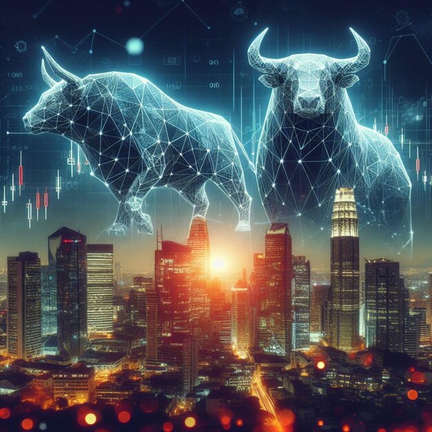 Konzept der Börse oder der Finanztechnologie Polygon Stier und Bär mit futuristischen