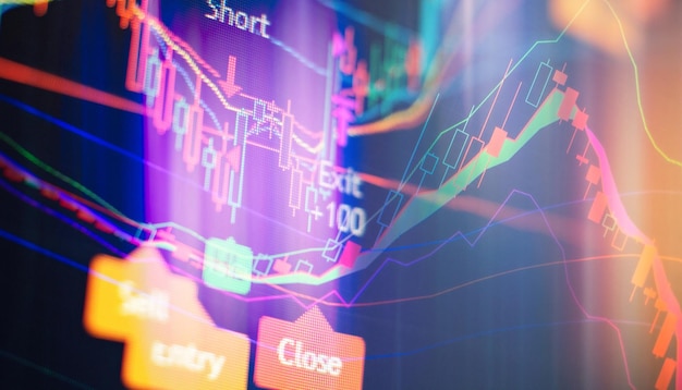 Konzept der Börse und Fintech Verschwommene digitale Diagramme auf dunkelblauem Hintergrund