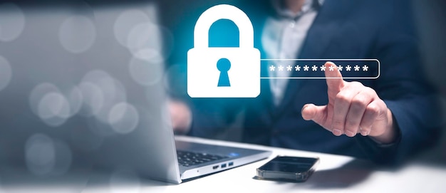 Konzept der Cybersicherheit Schloss-Symbol und Passwort-Eingabe