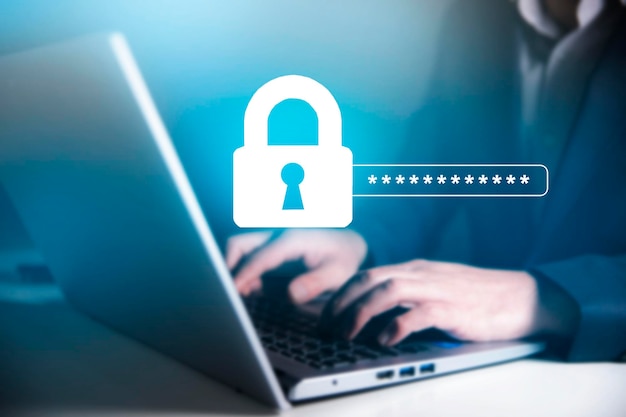 Konzept der Cybersicherheit Schloss-Symbol und Passwort-Eingabe
