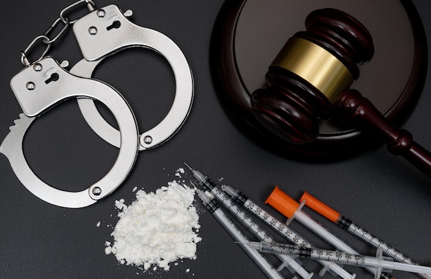 Konzept der Drogenkriminalität mit weißem Pulver und Einwegspritze auf schwarzem Hintergrund