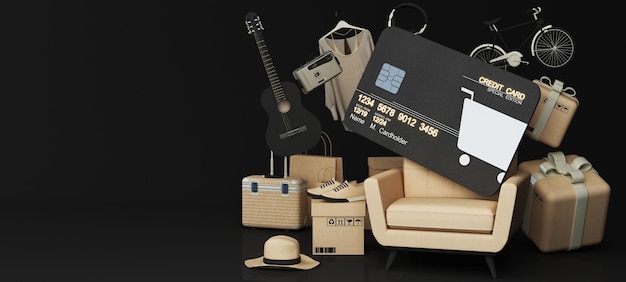 Foto konzept der finanziellen gelegenheit online-design auf schwarzer kreditkartenvorlage mockup bankkredit auf luxuriösen sessel mit einkaufstasche kartonkasten kamera gitarre gadget möbel 3d-rendering