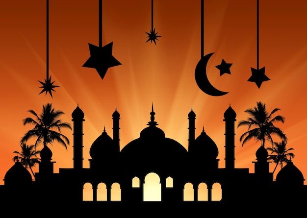 Konzept der islamischen Religion. Silhouette des Rathauses bei Sonnenuntergang in den Lichtstrahlen