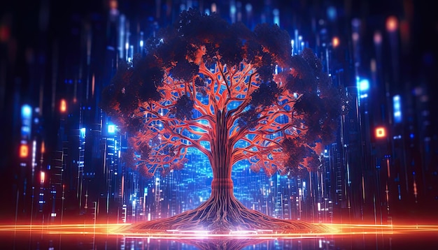 Konzept der künstlichen Intelligenz ein Baum mit Ästen in Form von Neuronen neuronales Netzwerk futuristisch leuchtender Baum dunkler Hintergrund Generative KI