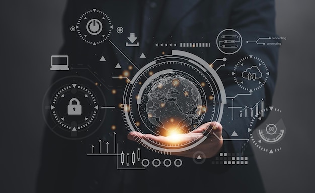 Konzept der künstlichen Intelligenz Ein Mann hält einen grafischen Globus in der Hand