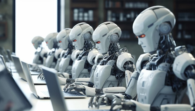 Konzept der künstlichen Intelligenz Gruppe von Robotern, die an Schreibtischen sitzen Generative KI
