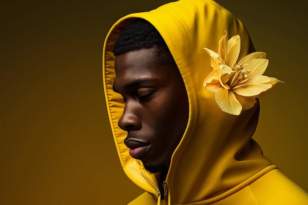 Konzept der männlichen Zärtlichkeit Brutaler afrikanischer Mann in einem gelben Hoodie mit einer Blumen-KI-Generation
