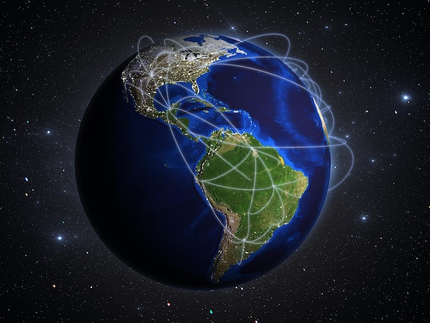 Konzept der Reise- und Transportnetzwerkverbindungstechnologie Land mit Flugrouten 3D-Render auf Sternenhintergrund
