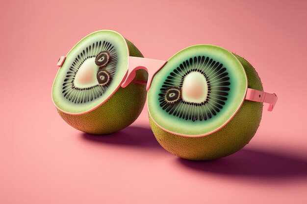 Konzept der Strandsonnenbrille mit Kiwis auf einem rosa Hintergrund