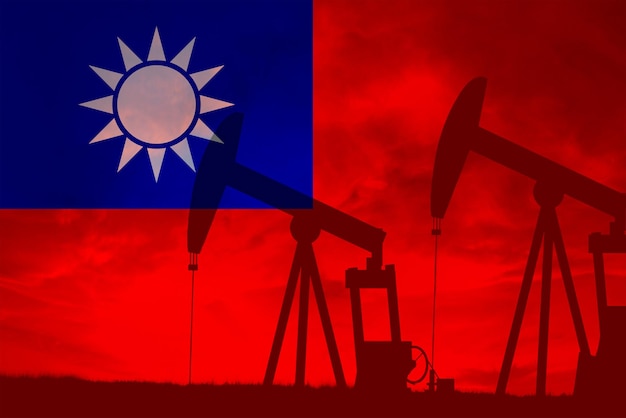 Konzept der taiwanesischen Ölindustrie, industrielle Illustration, taiwanesische Flagge und Ölquellen, Börse, Wirtschaft und Handel mit Ölproduktion