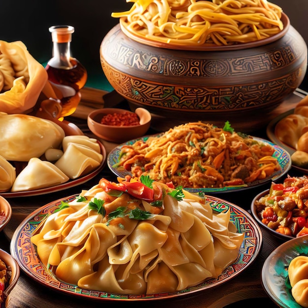 Konzept der usbekischen und zentralasiatischen Küche, sortiertes usbekisches Essen, Pilaw, Samsa, Lagman, Manti, Shurpa, usbekisches Restaurantkonzept