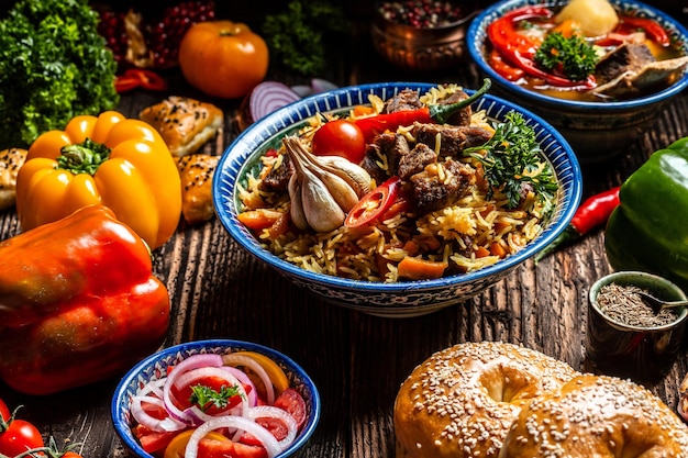 Foto konzept der usbekischen und zentralasiatischen küche verschiedene usbekische speisen pilaf samsa lagman manti shurpa usbekisches restaurantkonzept usbekisches essen hintergrund für lebensmittelrezepte