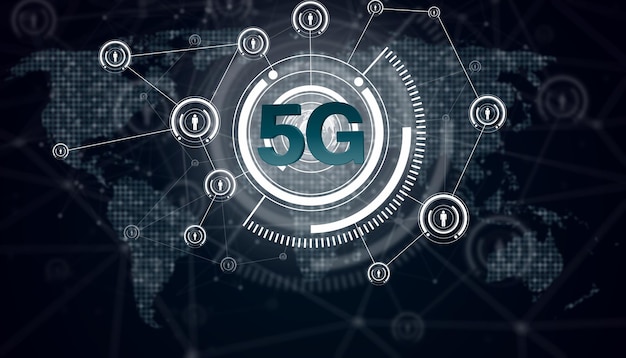 Foto konzept der zukunftstechnologie 5g-netzwerksysteme und internet-3d-darstellung