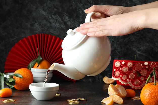 Konzept des asiatischen Teezubehörs des heißen Getränks