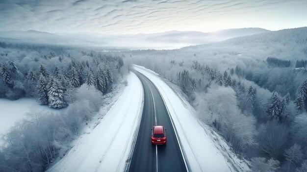 Konzept des Autofahrens während der Winterferienzeit Ein rotes Auto fährt auf Schnee entlang einer Bergstraße in der Nähe des Waldes Luftansicht Straßenreise Generative KI Drohnenlandschaft