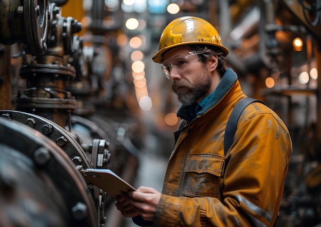 Konzept des Bau- und Maschinenbaus Der in einer Fabrik arbeitende Ingenieur mit Helm