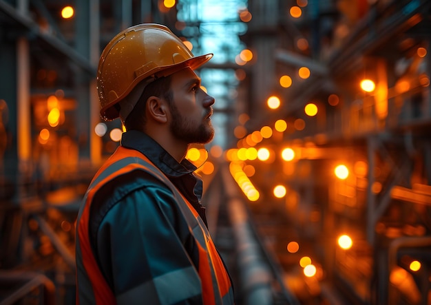 Konzept des Bau- und Maschinenbaus Der in einer Fabrik arbeitende Ingenieur mit Helm