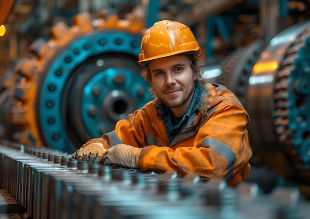 Konzept des Bau- und Maschinenbaus Der in einer Fabrik arbeitende Ingenieur mit Helm