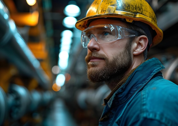 Konzept des Bau- und Maschinenbaus Der in einer Fabrik arbeitende Ingenieur mit Helm