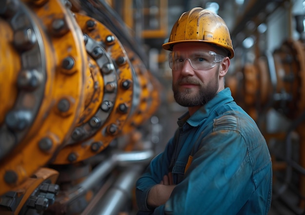 Konzept des Bau- und Maschinenbaus Der in einer Fabrik arbeitende Ingenieur mit Helm