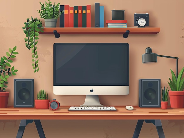 Konzept des Computertisches Arbeitsplatzes Flachentwurfsvektorillustration