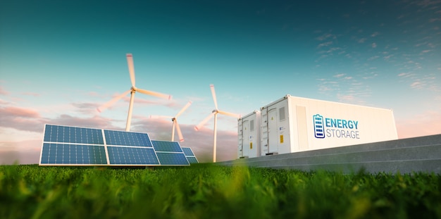 Konzept des Energiespeichersystems. Erneuerbare Energien - Photovoltaik, Windkraftanlagen und Li-Ion Batteriecontainer in morgendlicher frischer Natur. 3D-Rendering.