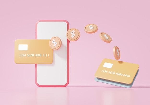 Konzept des Geldzahlungs-Online-Überweisungssystems in Kreditkarten-Internet-Banking auf Smartphone-Karikatur minimaler Kopierraum Banner Cashback 3D-Darstellung