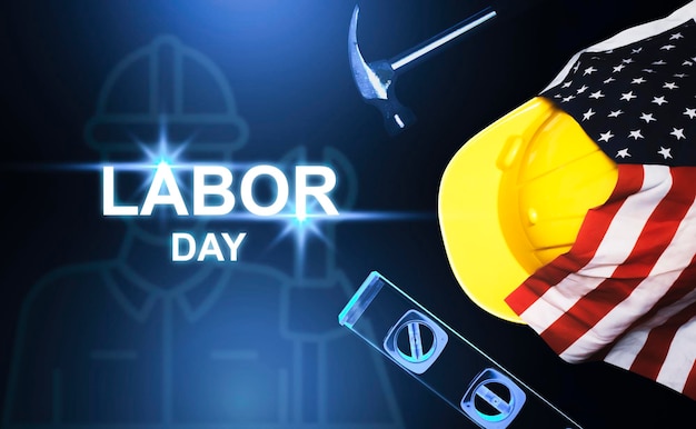 Konzept des Labor Day Hintergrund des Labor Day mit Schutzhelm-Hammerwaage und 3D-Illustration der USA-Flagge