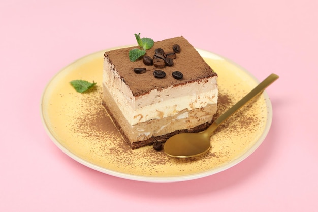 Konzept des leckeren Desserts mit Tiramisu-Kuchen aus nächster Nähe