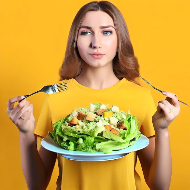 Konzept des leckeren Essens mit Caesar-Salat auf gelbem Hintergrund