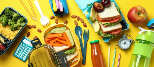 Konzept des leckeren Essens mit Lunchpaketen auf gelbem Hintergrund