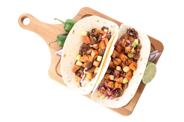 Konzept des leckeren Essens mit Taco auf weißem Hintergrund