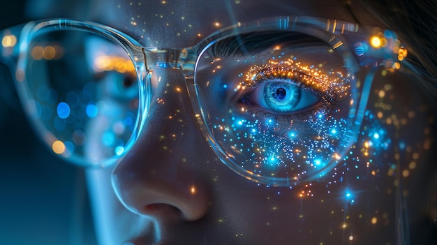 Konzept des Metaverse und der Blockchain-Technologie Eine Person mit Brille versucht, ein Objekt in einer virtuellen Welt zu berühren, um das Metaverse zu erleben. Ein futuristischer Ton wird im Hintergrund verwendet