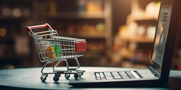 Konzept des Online-Einkaufs mit einem Spielzeug-Einkaufswagen vor einem Laptop Generative Ai