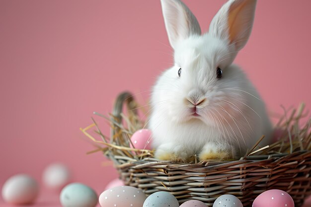 Konzept des Osters ein weißes, flauschiges Ostern Hase sitzt in einem Korb mit bunten Eiern