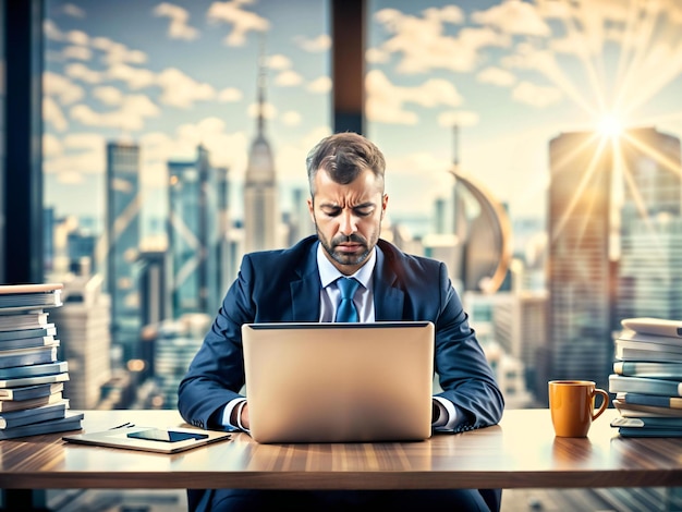 Konzept des Stress mit Geschäftsmann auf einem Laptop Büro Hintergrund