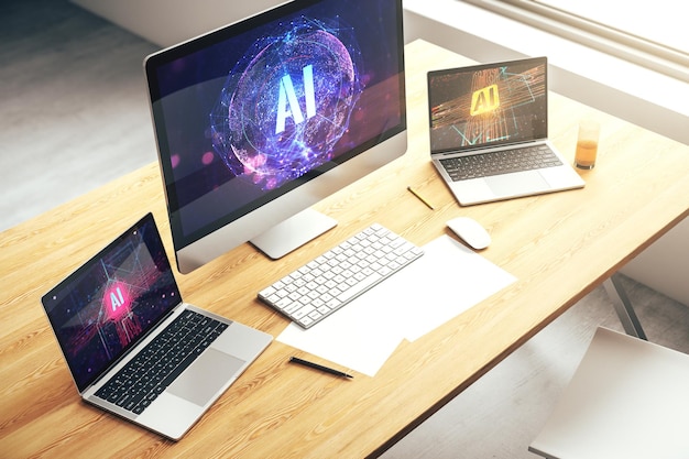 Konzept des Symbols der künstlichen Intelligenz auf einem modernen Computermonitor 3D-Rendering