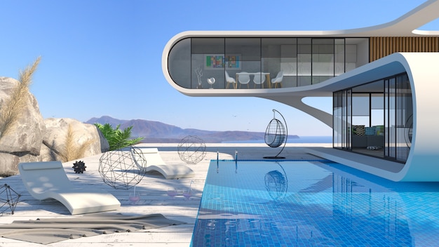 Konzept einer futuristischen modernen Villa am Meer mit Swimmingpool