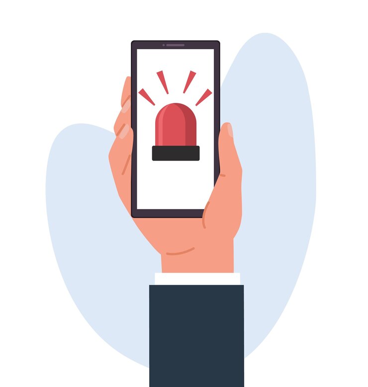 Foto konzept einer wichtigen nachricht oder eines alarmierenden roten blinkenden schildes eines krankenwagens oder eines feuerwehrmanns im smartphone sirene auf dem telefonbildschirm handheld-telefon mit ikonen cartoon-flachvektor-illustration