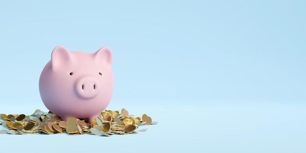 konzept eines geschäfts spart geld sparschwein oder schweinebank und münze auf blauem hintergrund. 3D-Darstellung